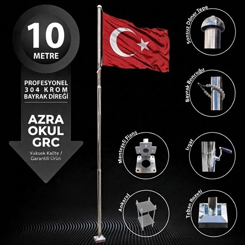 10 Metre Paslanmaz Krom Profesyonel Bayrak Direği 10 Metre Paslanmaz Krom Profesyonel Bayrak Direği