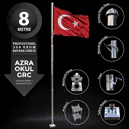 8 Metre Paslanmaz Krom Profesyonel Bayrak Direği 8 Metre Paslanmaz Krom Profesyonel Bayrak Direği